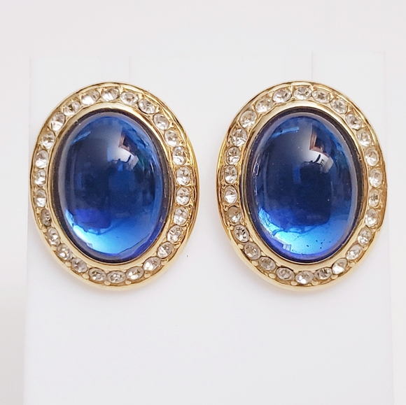 Yves Saint Laurent YSL Saphire Glass Cabachon Earrings with Rhinestone Gold Tone - Picture 7 of 7